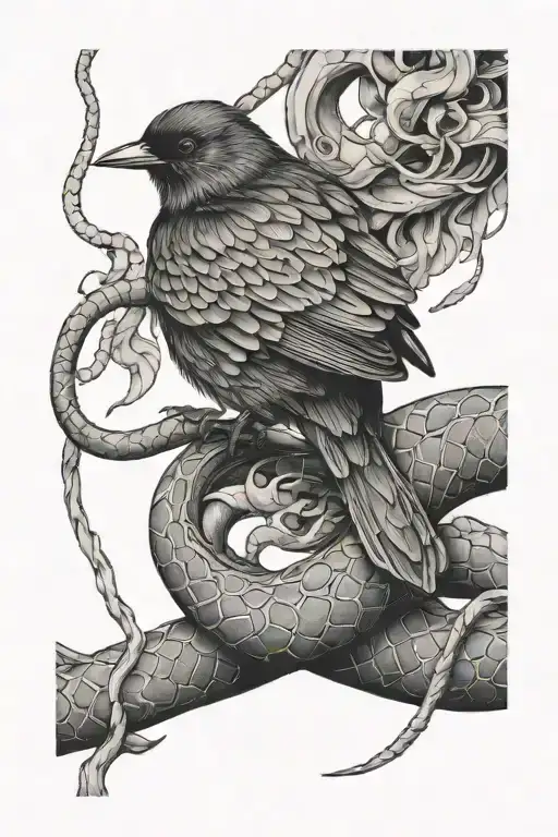 Blackbird Sitting On A Trench Beside A Snake Wrapped