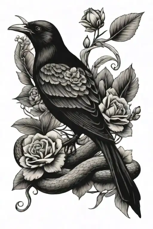 Blackbird Sitting On A Trench Beside A Snake Wrapped With Flowers In The Background
