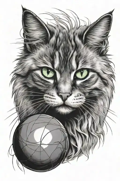 Portrait Of A Fluffy Cat With Green Eyes With A Ball In Its Mouth