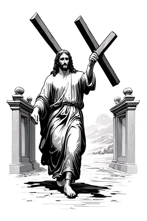 Jesus Walking Towards Gates Of Heaven Carrying Cross