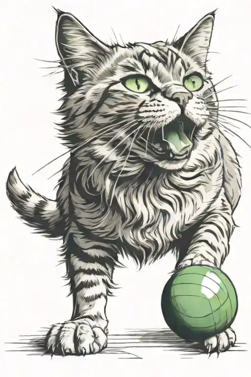 Portrait Of A Fluffy Cat With Green Eyes With A Ball In His Mouth