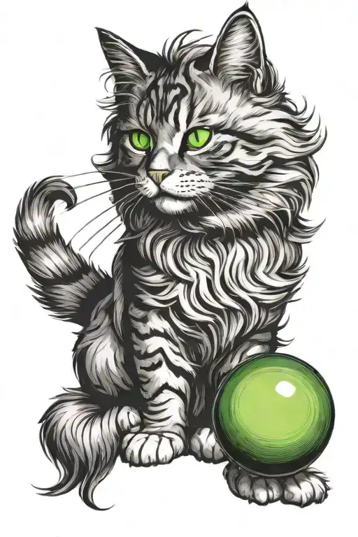 Portrait Of A Fluffy Cat With Green Eyes With A Ball In His Mouth