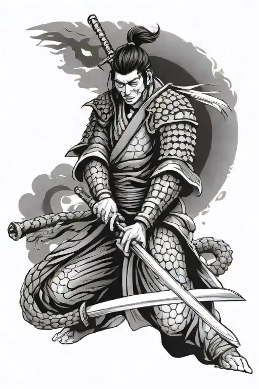 Samurai With Katana And Dragon