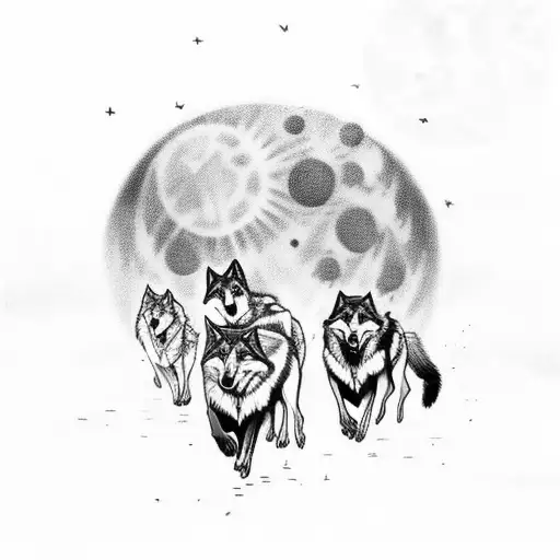 A Pack Of Wolves Running Through A Forest With The Moon Shining Above