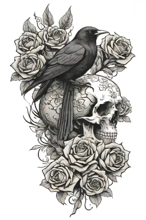 Blackbird Sitting On A Skull Surrounded By Roses Growing
