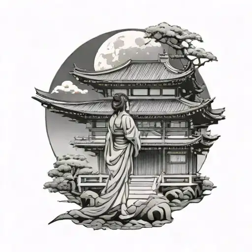 Japanese Temple Under A Full Moon With A Samurai Girl Standing Guard