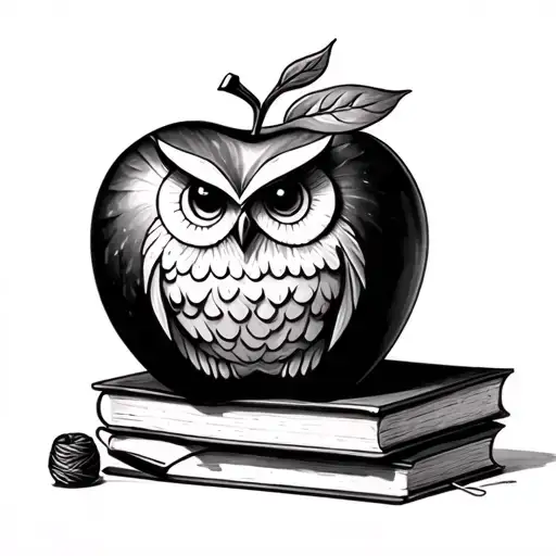 Teacher's Apple With An Owl Carving On Top Of Books With A Sewing Needle And Thread