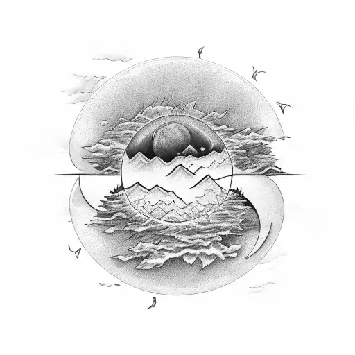 A Detailed Illustration Of A Sun And Moon Entwined With Mountain Landscapes