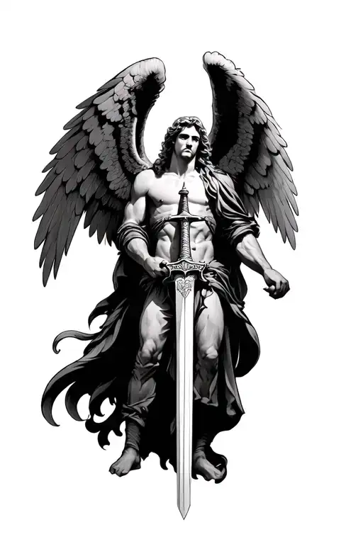 Arch Angel Michael With Big Wings Holding Sword Down The Middle