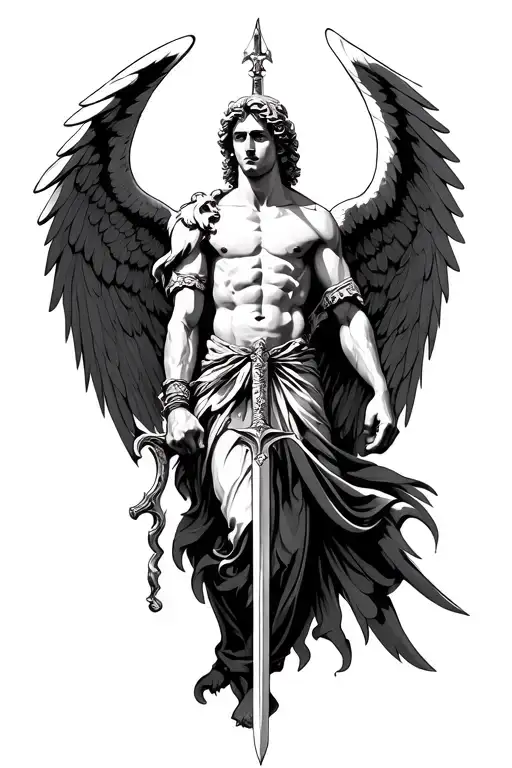 Amazing Arch Angel Michael With Big Wings Holding Sword Down The Middle