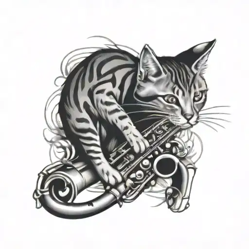 Cat Saxophone Half Sleeve Tattoo Design