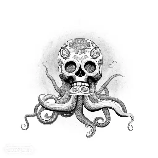 An Elegant Octopus Gracefully Wrapping Its Tentacles Around A Traditional Mexican Sugar Skull