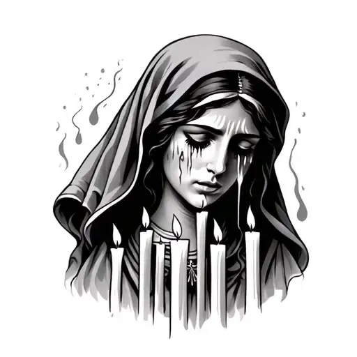 Mother Maria Crying Woman With Tears Flowing And Shining Candles