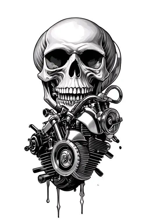 Skull With Motorcycle Engine Intertwined