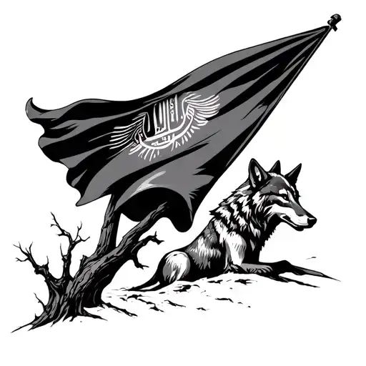 Design Of The Flag Of Cyrus The Great And A Dried Tree And A Wolf