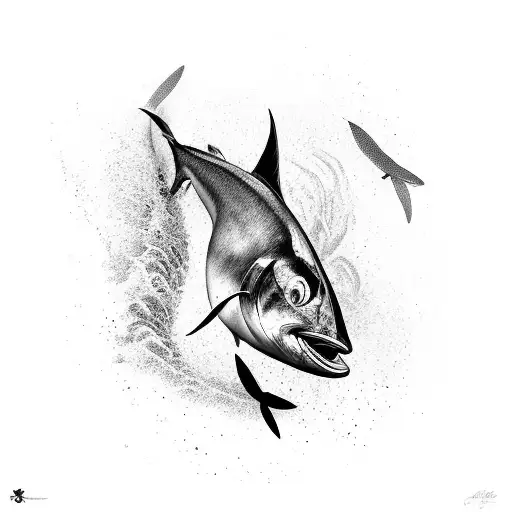 A Realistic Black And Grey Portrait Of A Tuna Swimming Against A Backdrop Of Waves