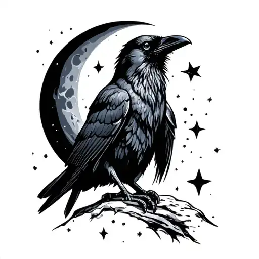 Crow Sitting Alone With Moon And Stars