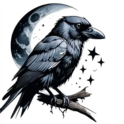 Crow Sitting Alone With Moon And Stars