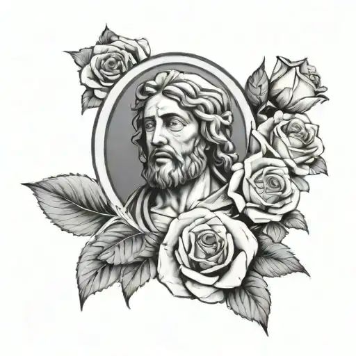 San Judas Tadeo Sleeve Tattoo With Roses And Money Wrapped Around
