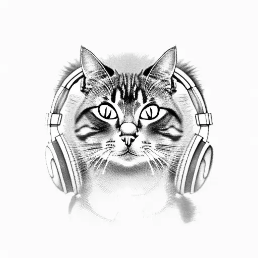 A Black-grey Tattoo Of A Cat Wearing Headphones Listening To Music