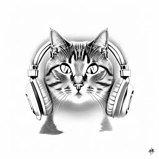 A Black-grey Tattoo Of A Cat Wearing Headphones Listening To Music