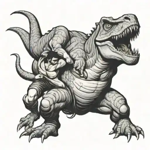 Wrestler Grappling A Dinosaur