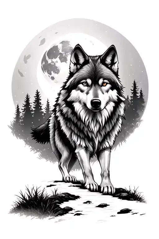 Wolf Lonely With Path And Forest And A Moon Surrounded