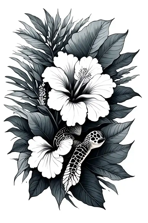 Hawaiian Hibiscus And Turtle Swimming