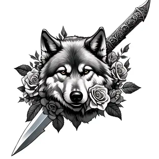 Roses Circling A War Blade With A Wolf Overtop