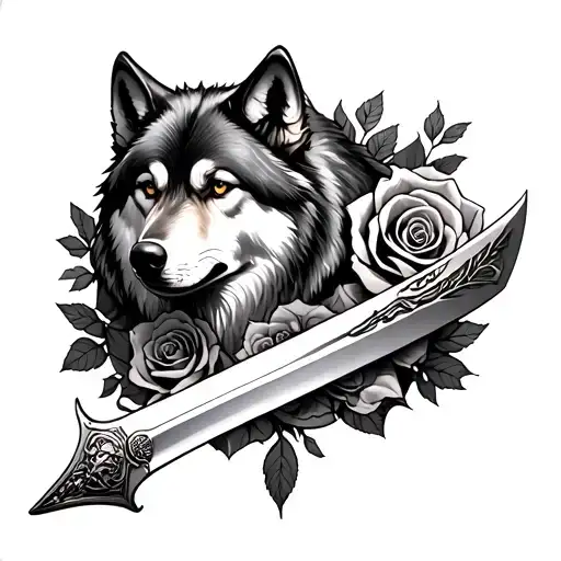 Roses Wrapping Around A War Blade With A Wolf Looking Over It