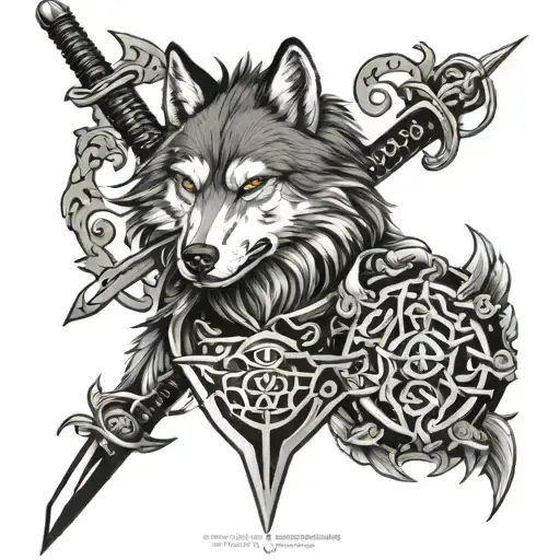 Wolf Tattoo Samurai Sword And Shield