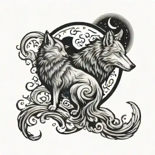 Yin Yang And Wolf Howling At The Moon