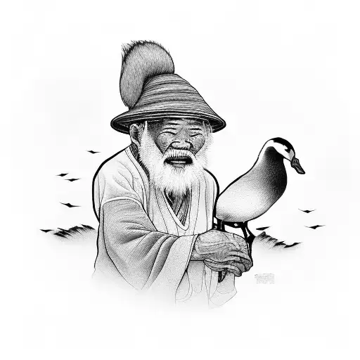 Old Man Holding A Goose Asian Style