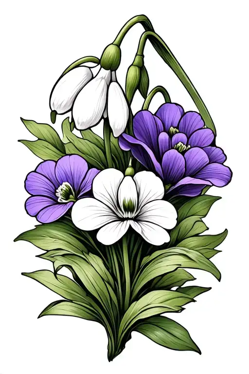Snowdrop Flower Intertwined With A Violet Flower And A Primrose Flower In Style Of Line Art