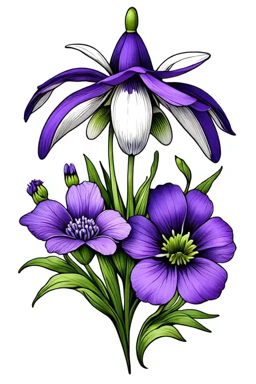 Snowdrop Flower Intertwined With A Violet Flower And A Primrose Flower In Fine Line Black Ink