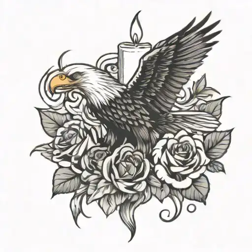 Burning Candle With An Eagle With Roses