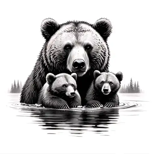 Mother Bear With Two Cubs In A River
