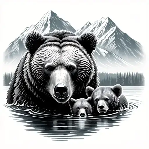 Mother Bear With Two Cubs In A River With Mountains In The Back