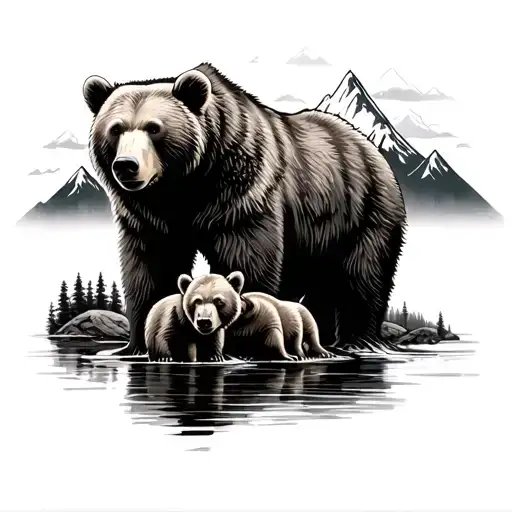 Mother Bear With Two Cubs With A River With Mountains In The Back