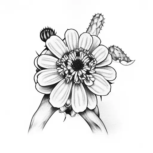 Zinnia Flower With Stem Next To Cactus And Cow Skull