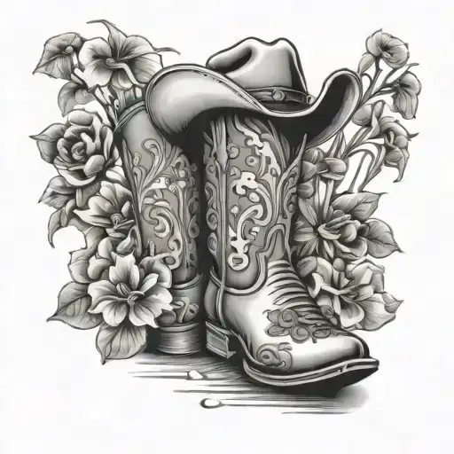Cowboy Boots With Wild Flowers Growing And A Cowboy Hat On Top