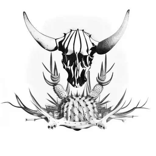 Saguaro Cactus With Cow Skull At The Base