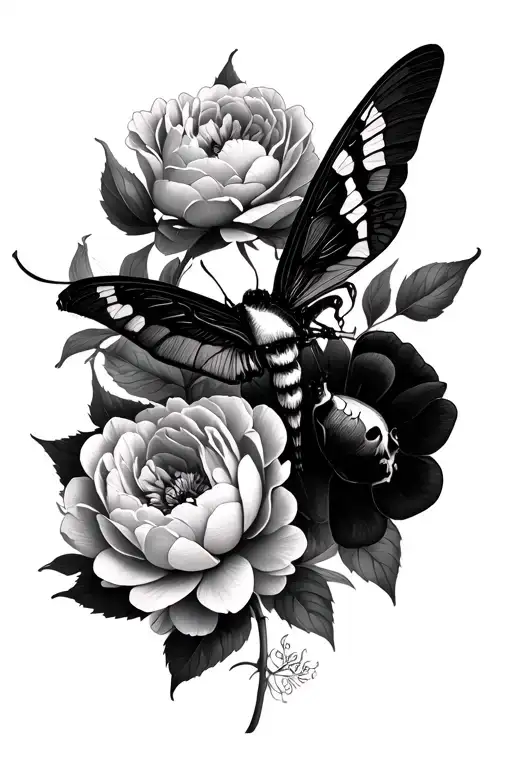 Deathhead Moth And Black Peonies