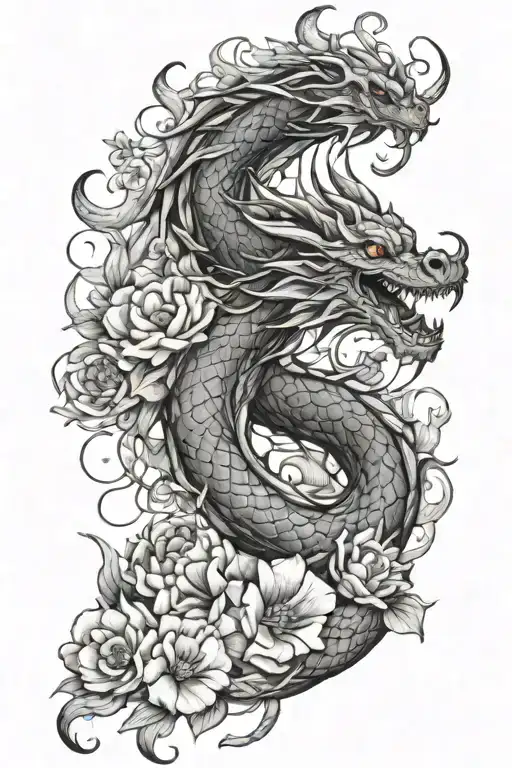 Dragon Tattoo Sketch With Flowers Growing