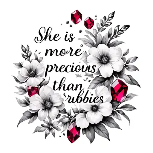 She Is More Precious Then Rubies Bible Verse Written With Rubies And Flowers In The Background
