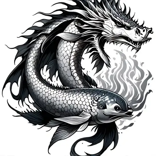 Dragon Fighting Giant Koi Fish While Spitting Out Fire That Reads The Word Darek