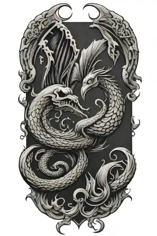 Kracken Swallowing A Pirate Ship With A Phoenix In The Background