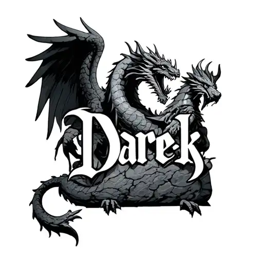 The Word Darek Written In Stone With A Dragon Fighting An Angel Behind