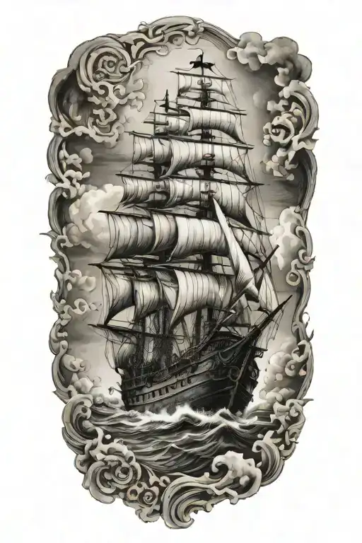 Juxtiposition Of Time And A Pirate Ship At Sea