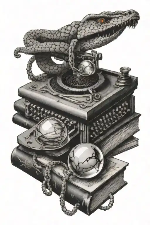 Typewriter Stacked On Books Hand Wrapped By Snake Holding Crystal Ball